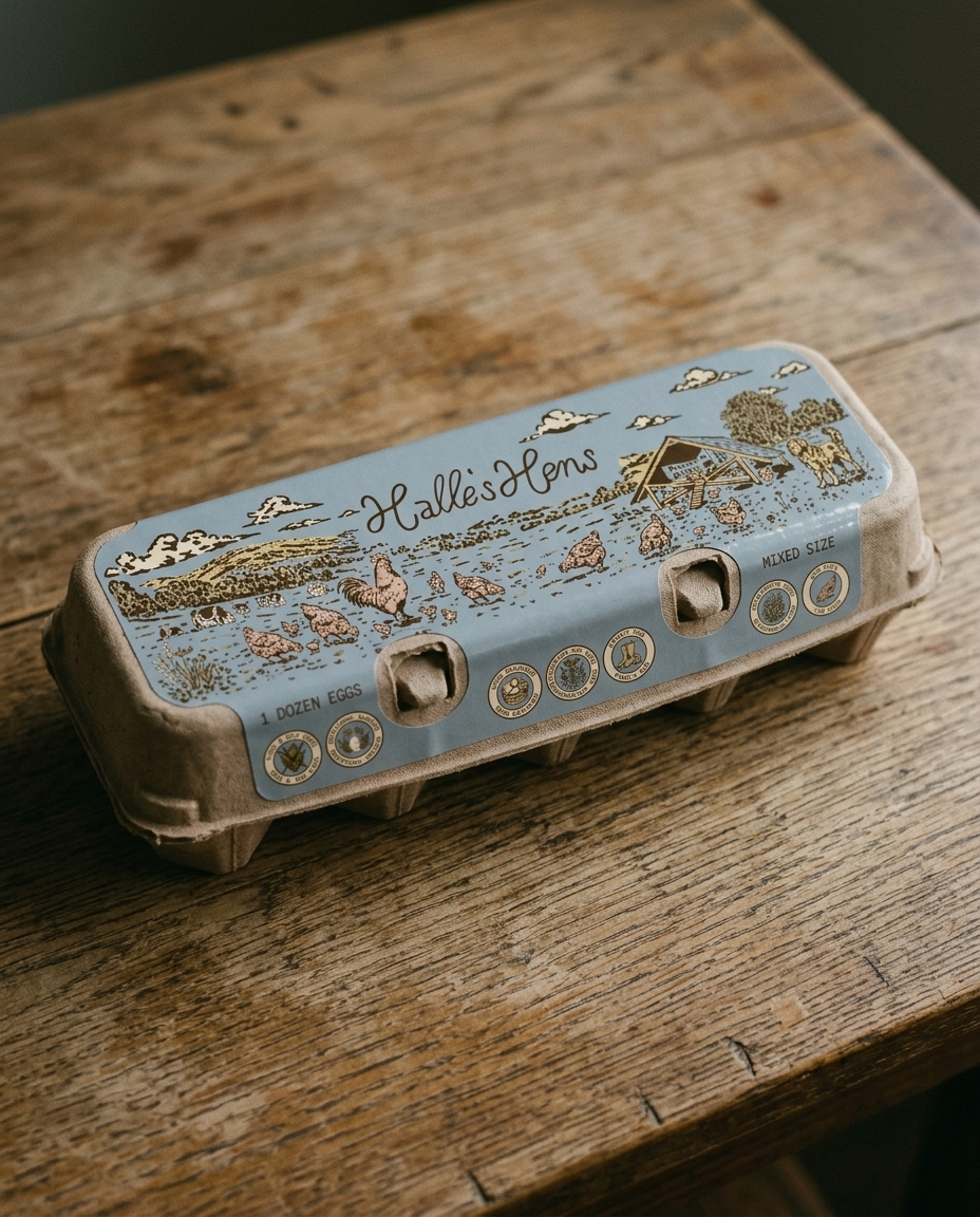 Halle's Hens egg carton — closed